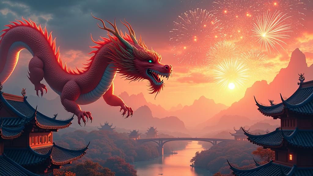 Majestic Chinese Dragon Soaring Over Village at Dusk