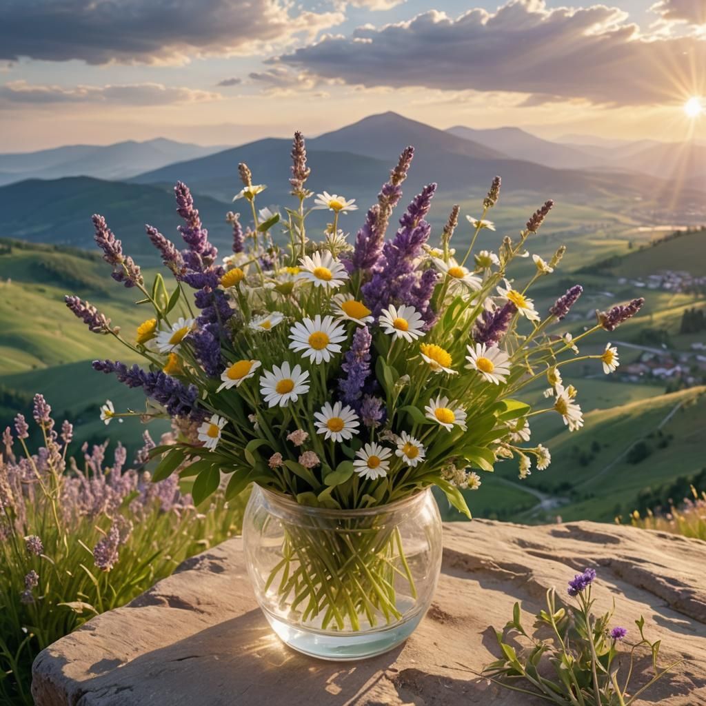 Field Flower Bouquet in Glass Vase at Sunset