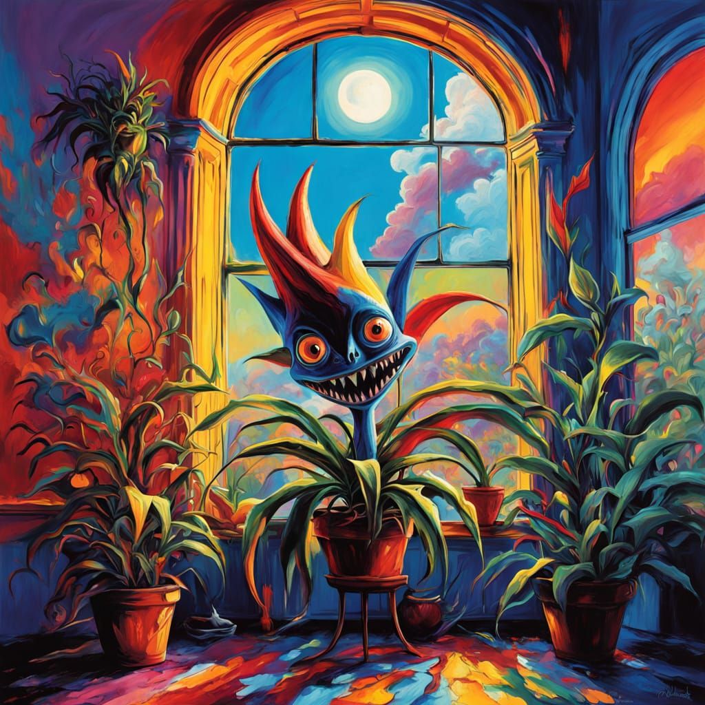 Surreal Houseplant in Vibrant Oil Painting