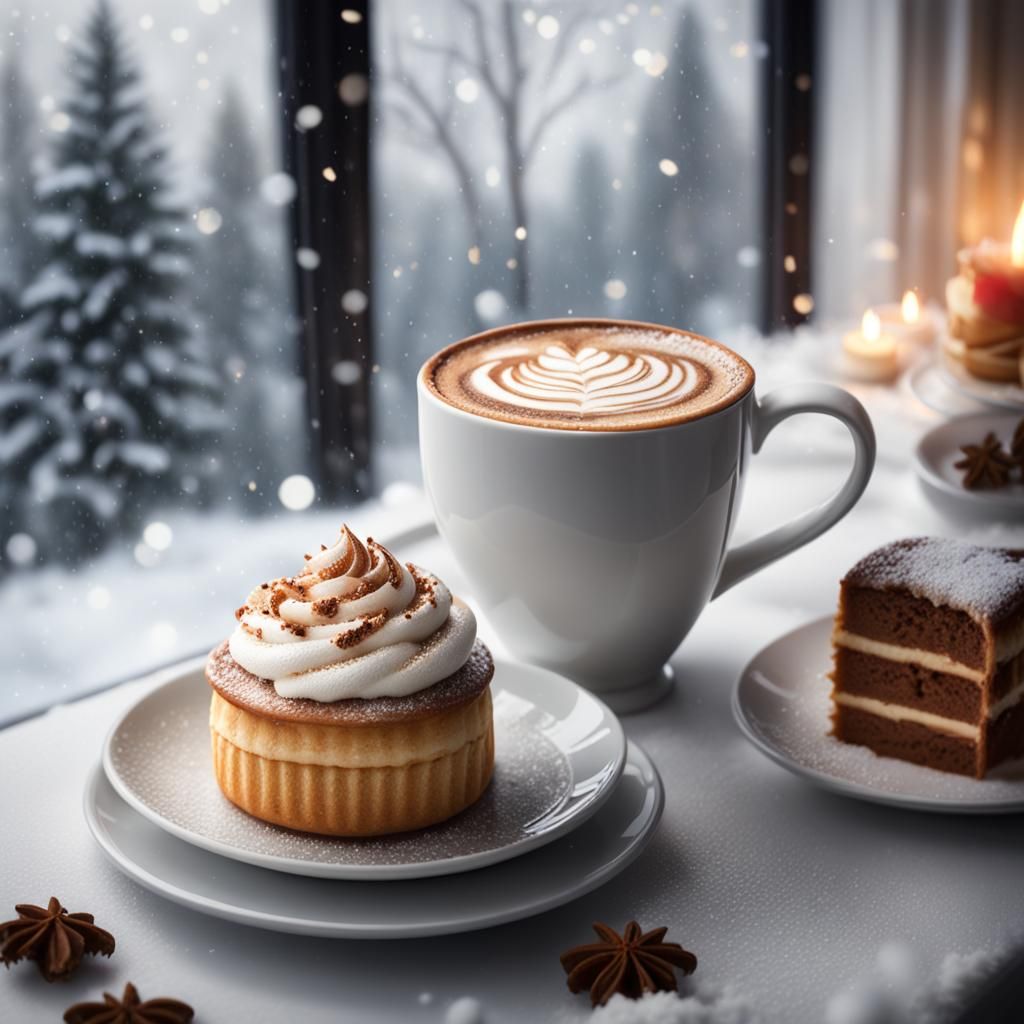 Winter Cappuccino Scene with Snowfall, Professional Photogra...