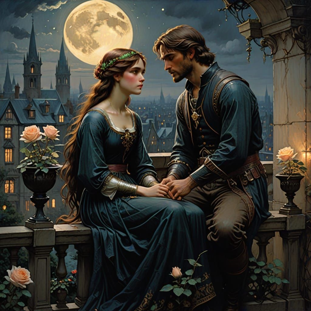 Romantic Couple on Balcony Overlooking Fantasy City