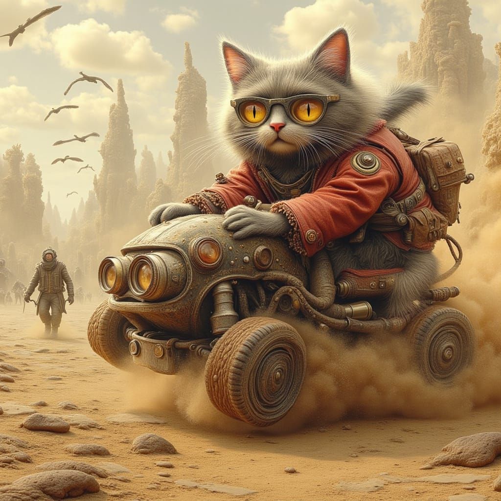 Gritty Cat Rides Post-Apocalyptic Junkyard Wasteland in Cybe...