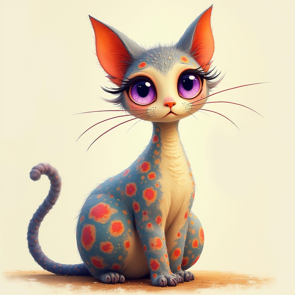 Whimsical Cat With Purple Eyes in Storybook Style