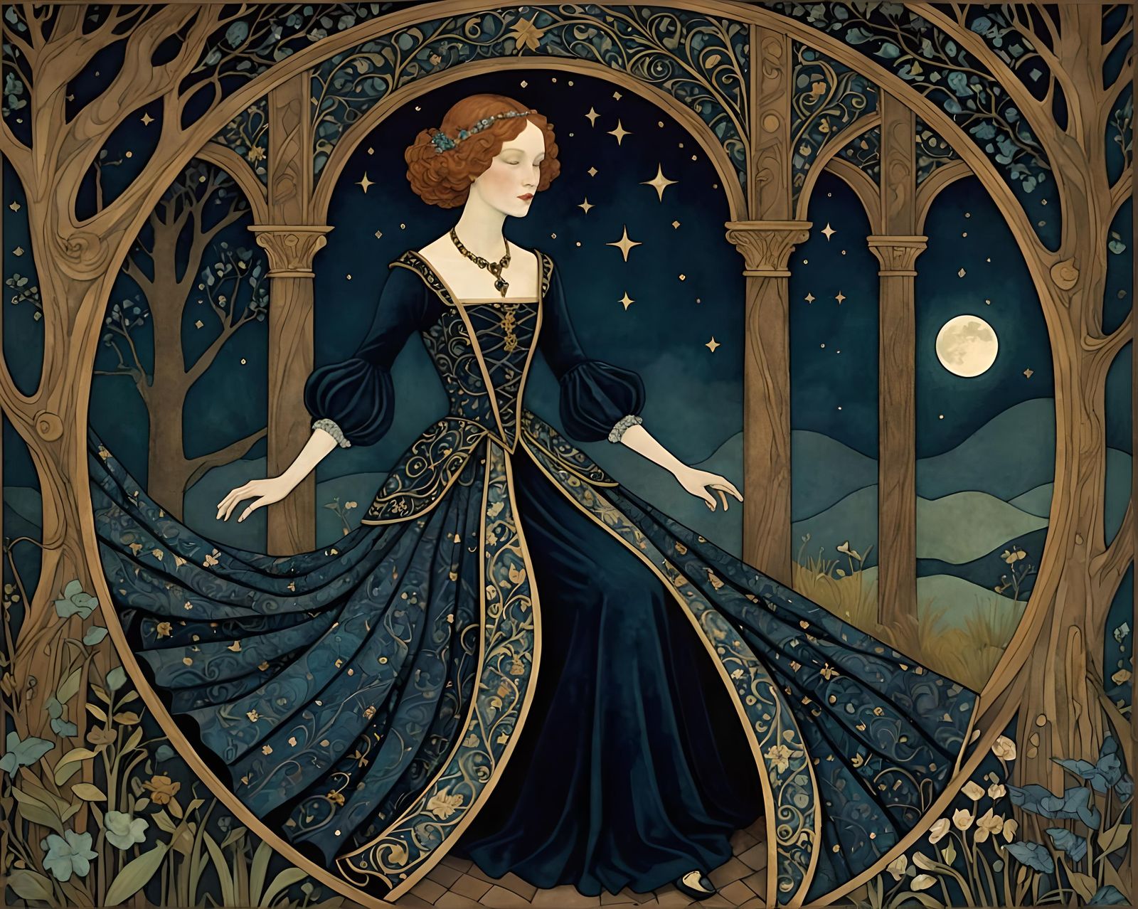 Stardust Gown Dreamscape in Art Nouveau Style