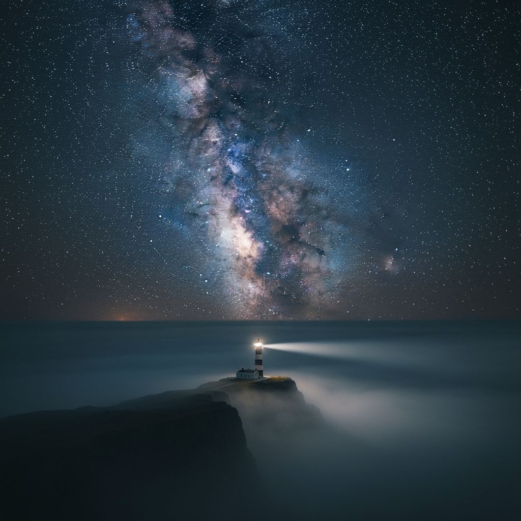 Lighthouse Under Starry Sky: Cinematic Film Still