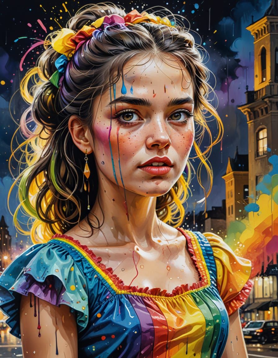 Historical Figure in Rainbow Dress in Night City