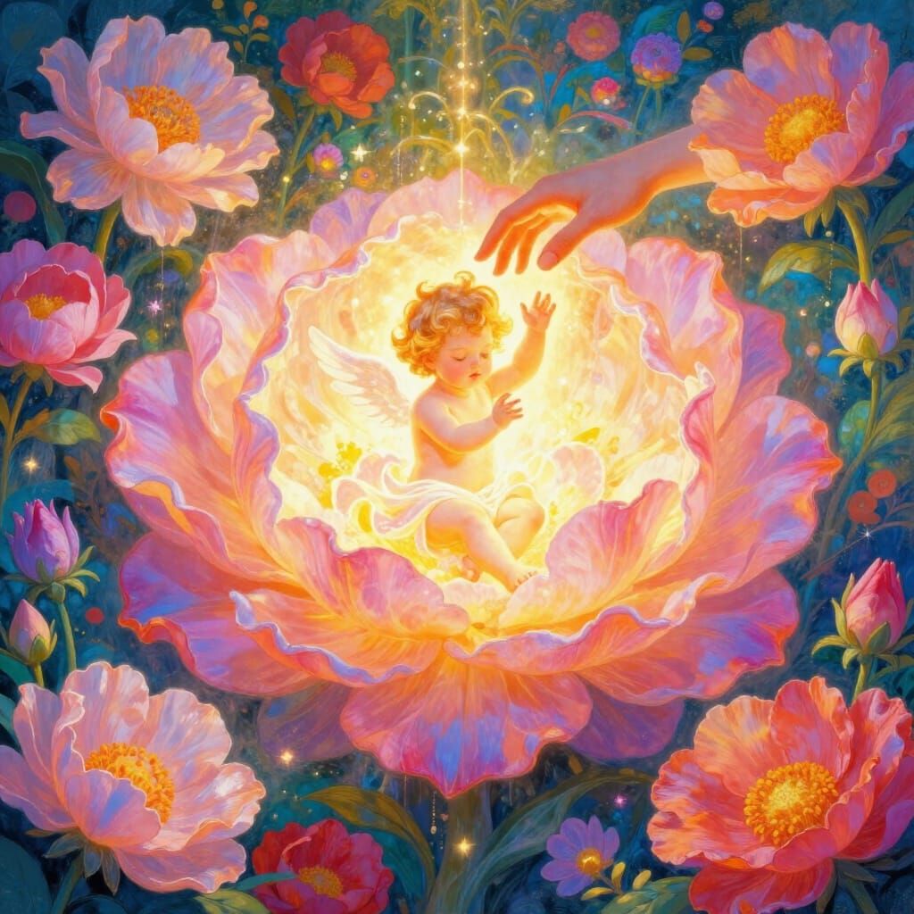 Divine Garden Scene: God Blesses Child Amidst Giant Luminous...
