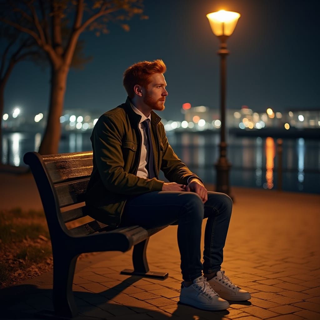 Red-Haired Man in Spring Attire by Harbor at Midnight