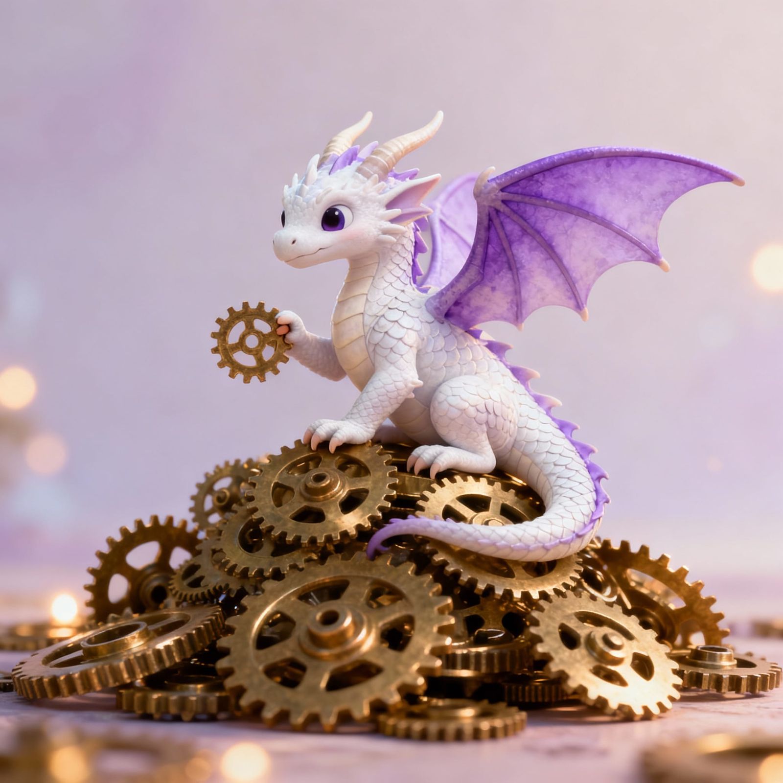 Cute White Dragon on Brass Gears in 3D Style