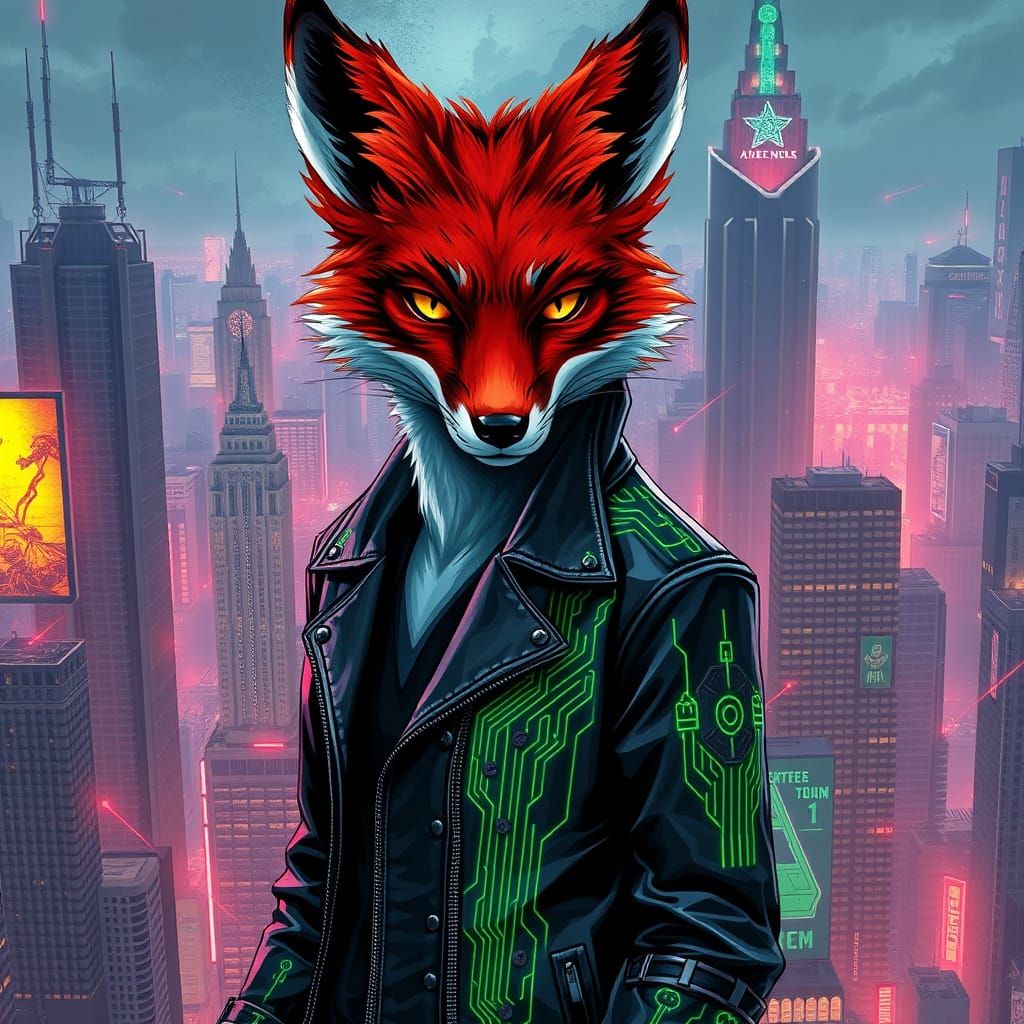 Cyberpunk Fox in a Gritty, High-Tech Landscape