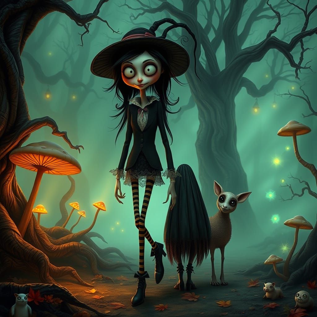 Whimsical Character in Enchanted Forest: Tim Burton Style