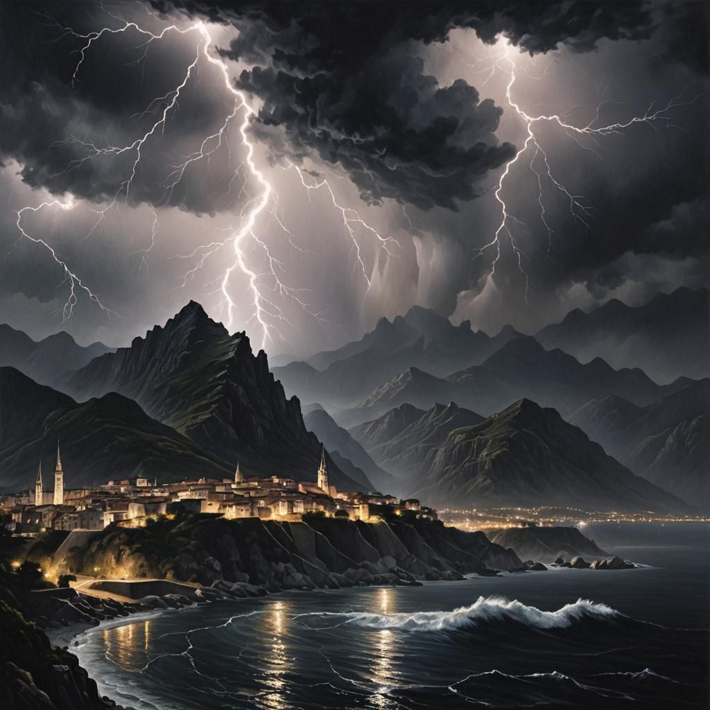 Lightning Reveals City of Spires in Dark Mountains