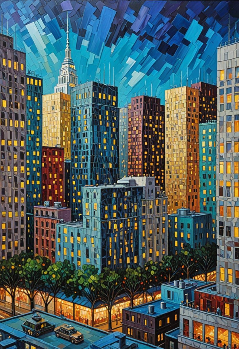 Colorful Cityscape at Night in Expressionist Oil Painting St...