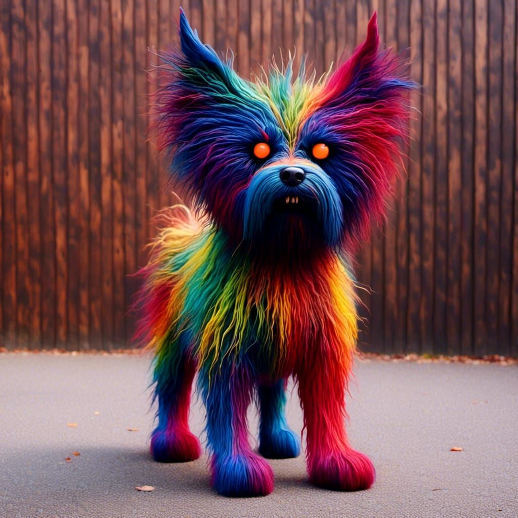 Grumpy Dog with Colorful Fuzzy Bark Texture