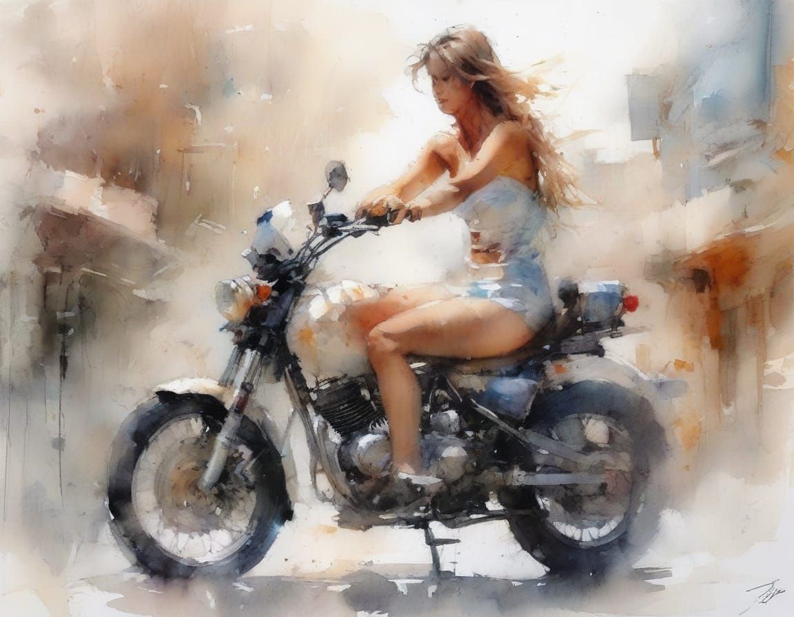 Girl on Motorcycle in Ethereal Watercolour Style