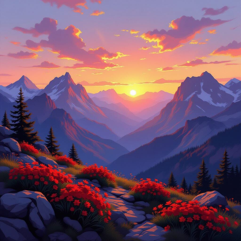 Majestic Mountain Sunset with Crimson Wildflowers