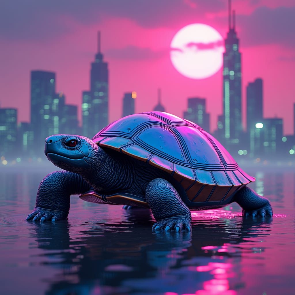 Futuristic Turtle in Retro-Futuristic Cityscape