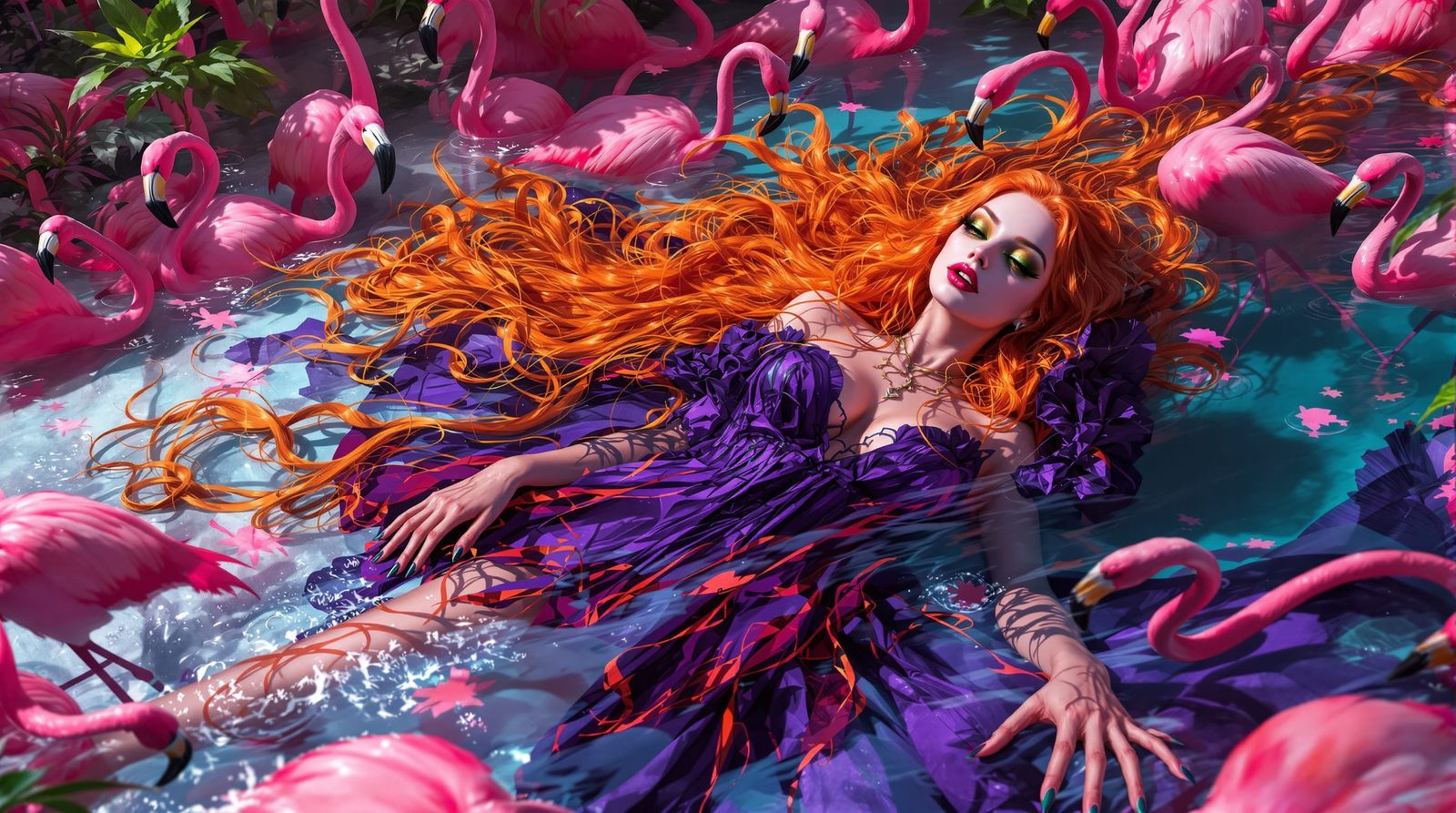 Surrealist Masterpiece of a Dead Lady in Flamingo Pool