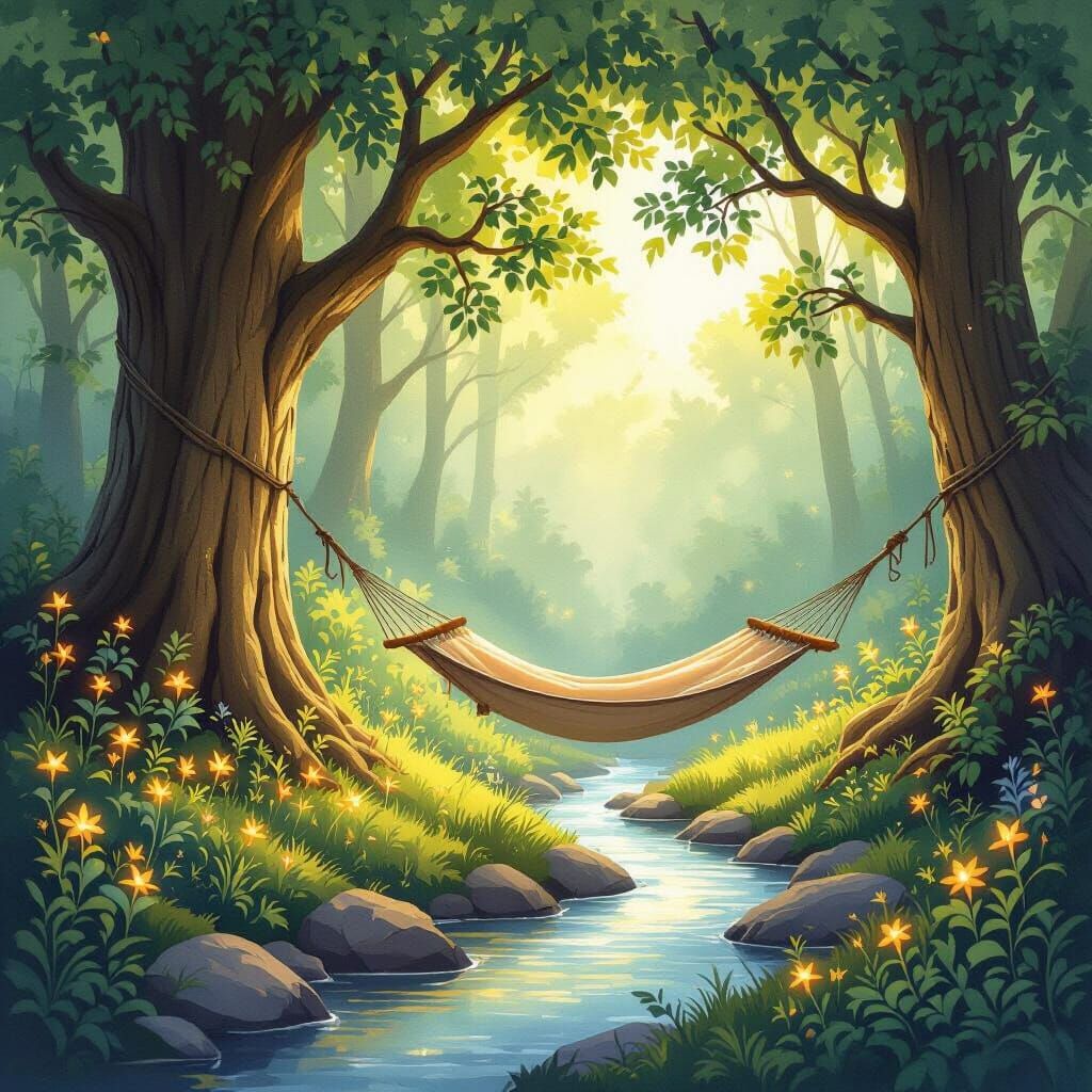 Enchanted Forest Clearing with Hammock in Watercolor Style