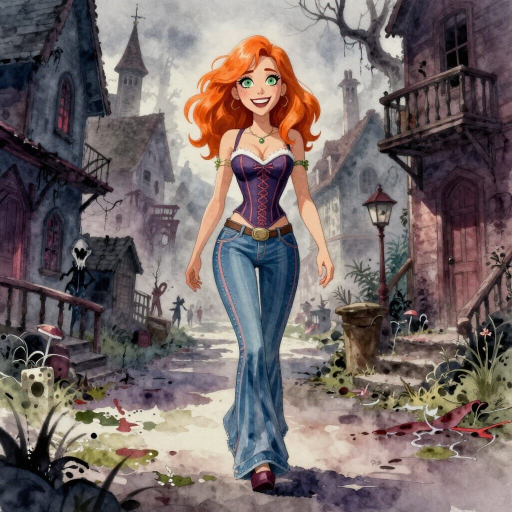 Woman in Striped Bell Bottoms in Creepy Town Watercolor