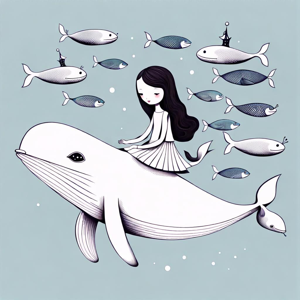 Surreal Fairytale: Doll Riding a Whale