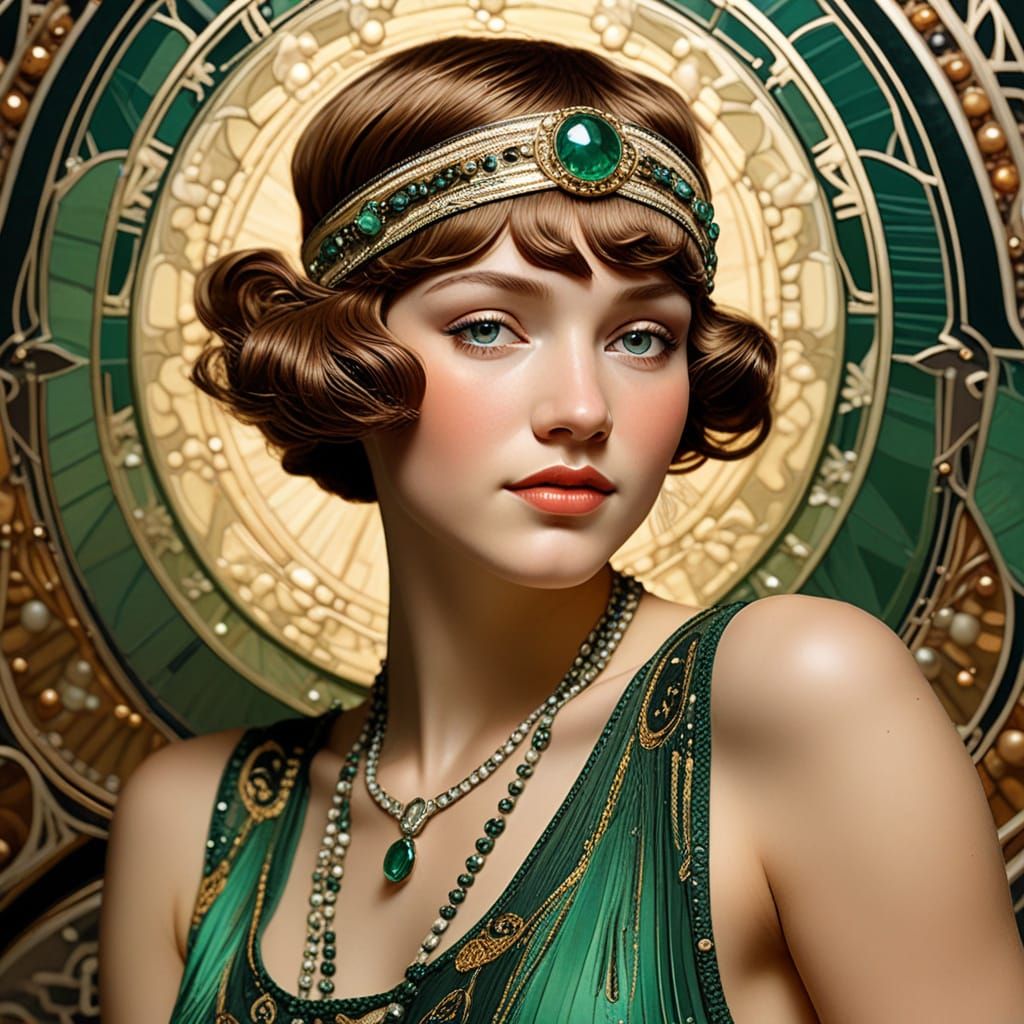 Art Nouveau Flapper Portrait in Mucha Style