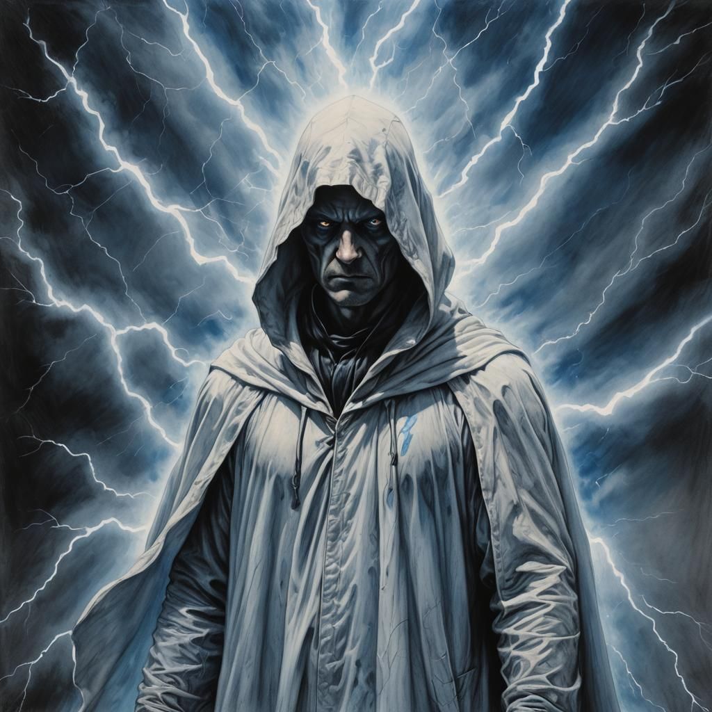 Sinister Figure Cloaked in Blue Lightning