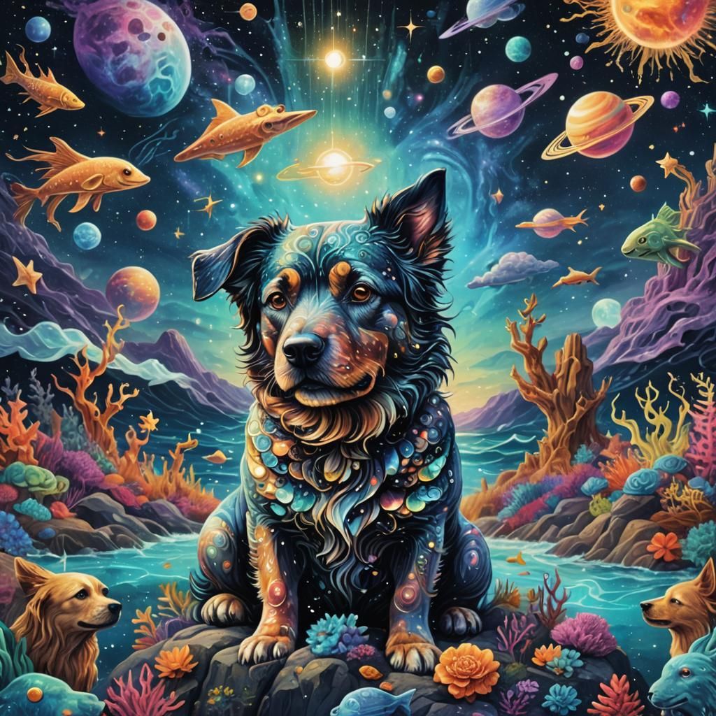 Astral Sea Dog in Holographic Cosmic Illustration