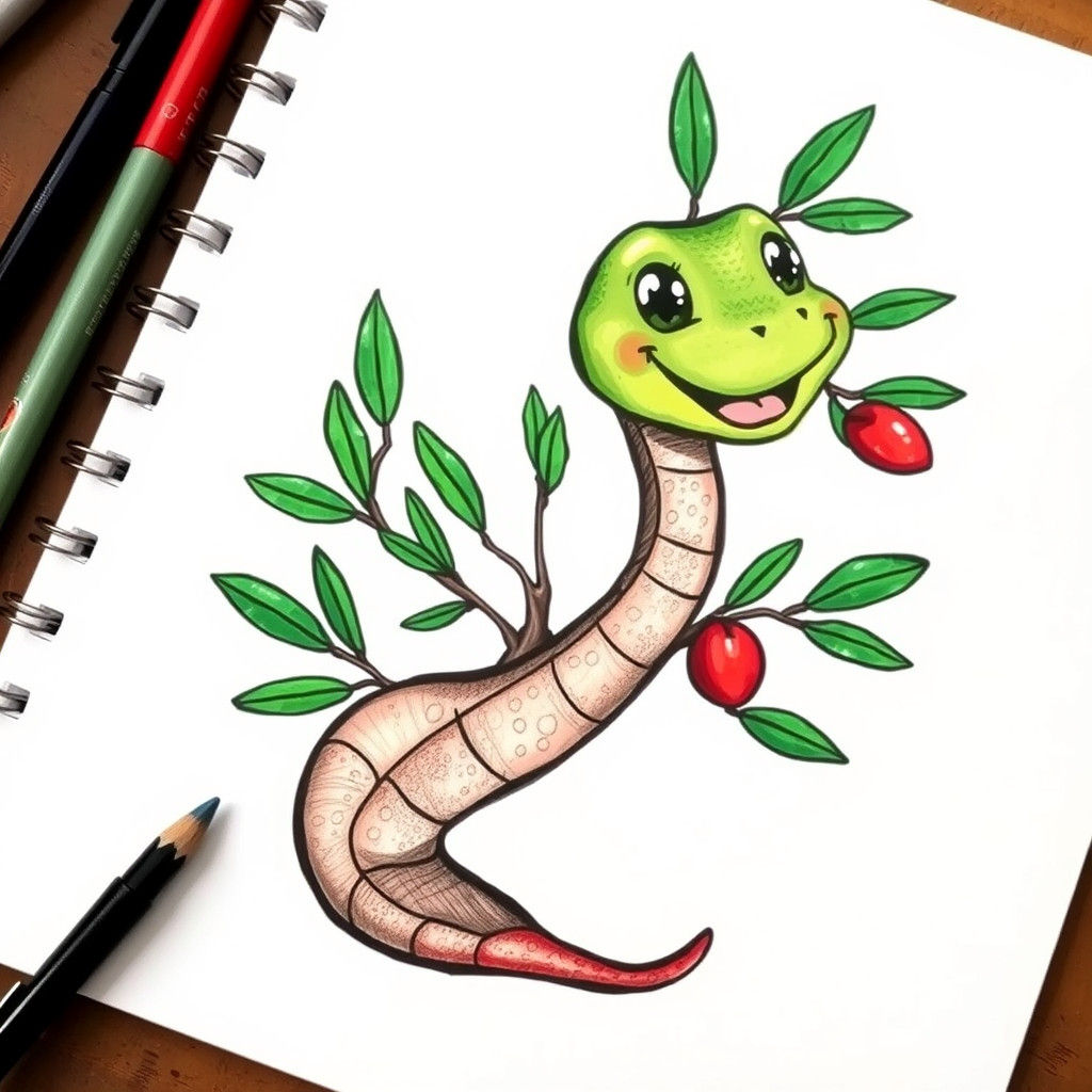 Cute Palestinian Serpent with Olive Tree Drawing