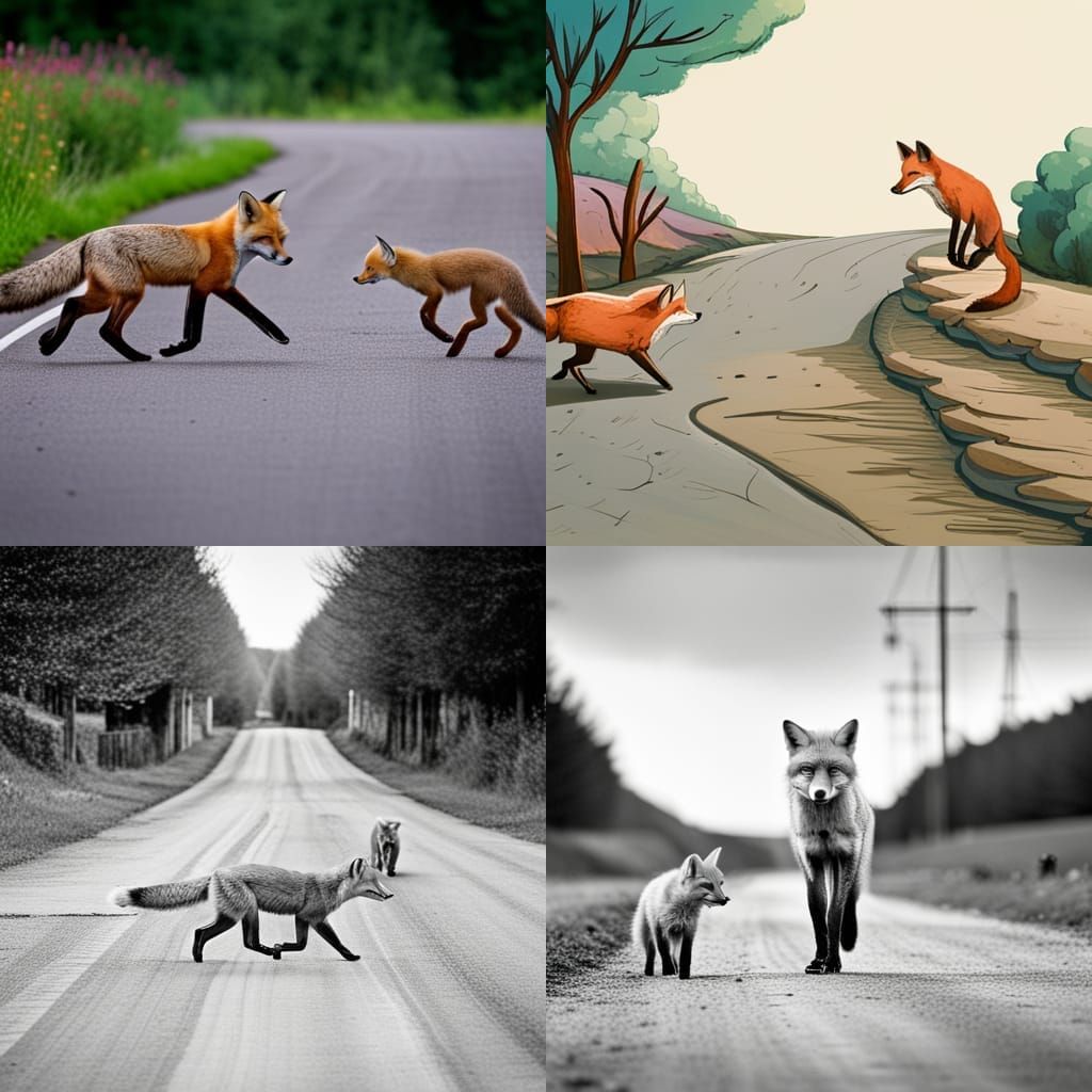 Fox Crossing Road with Baby Fox Waiting