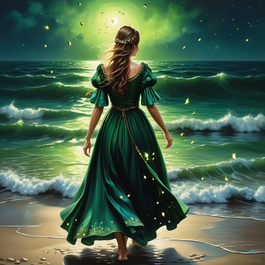 Girl in Medieval Dress on Moonlit Shore