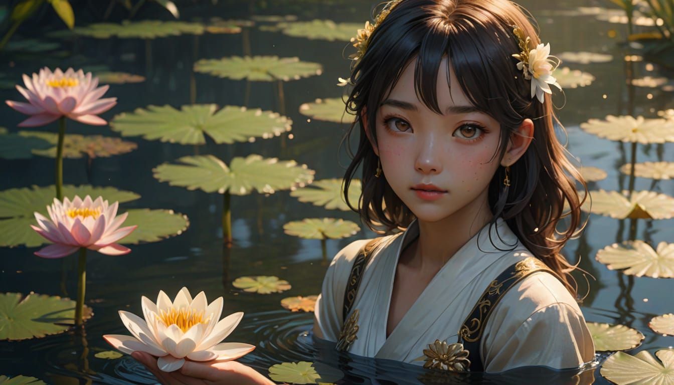 Woman with Water Lily in Golden Light: 3D Anime Art