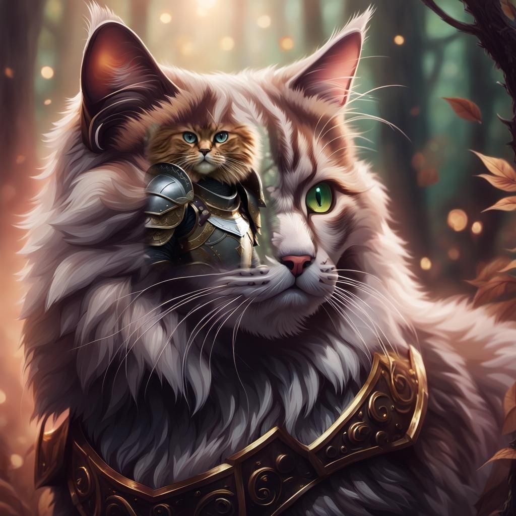 Armored Fluffy Cat in Mysterious Forest