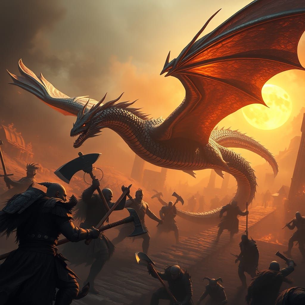Chromatic Dragon Over Medieval Battlefield in Dark Fantasy S...
