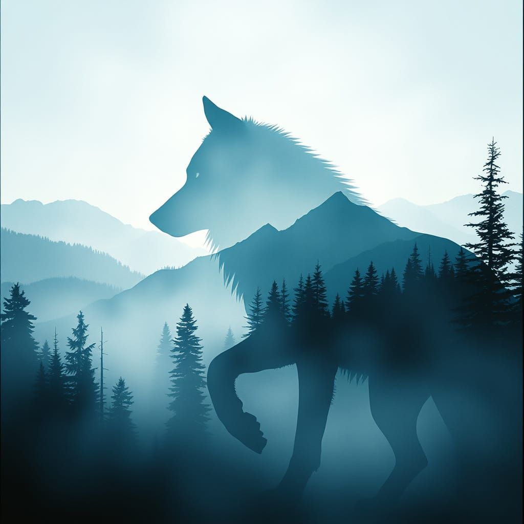 Ethereal Wolf Silhouette in Misty Mountains
