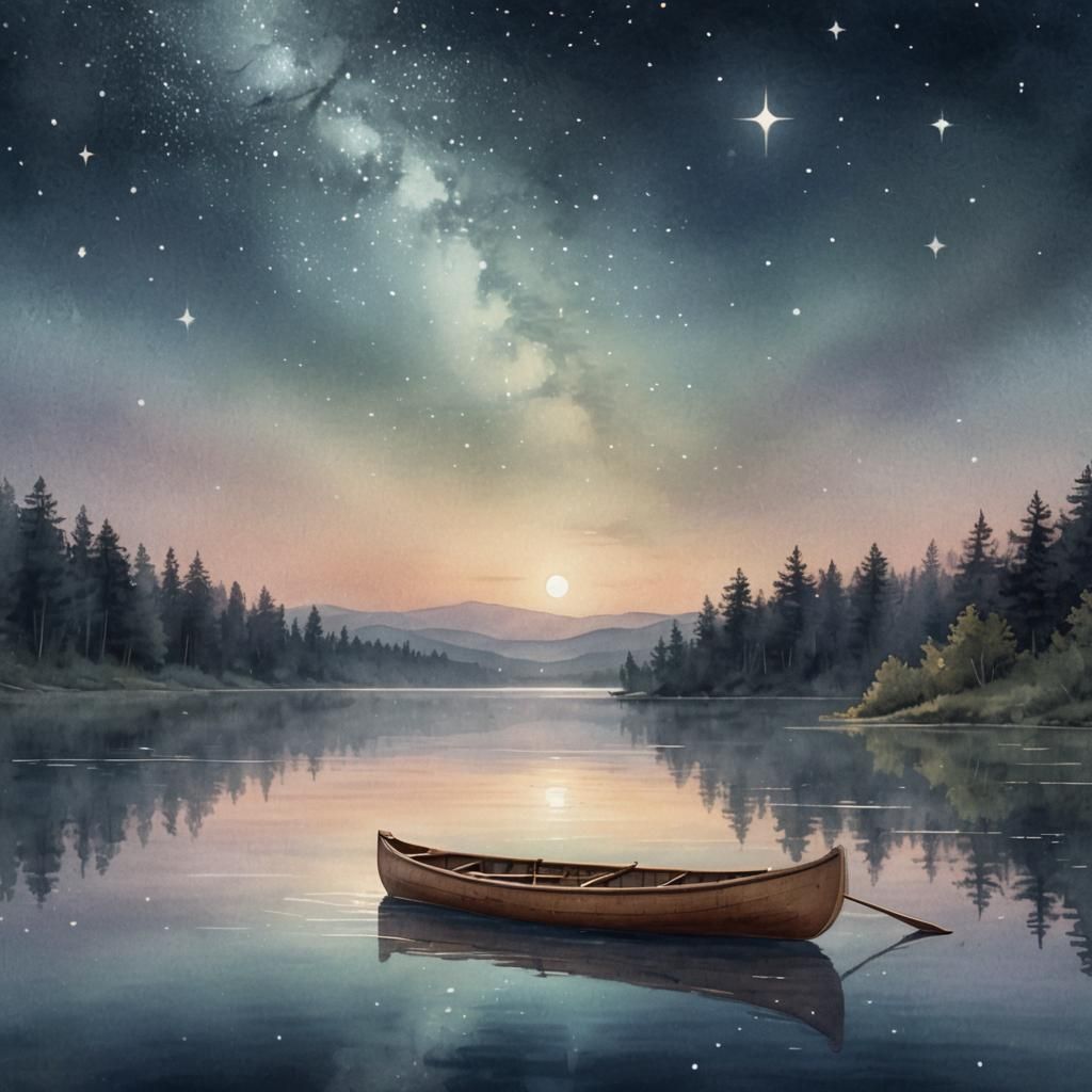 Dreamy Canoe Drifts Under Starry Sky: Watercolor Art