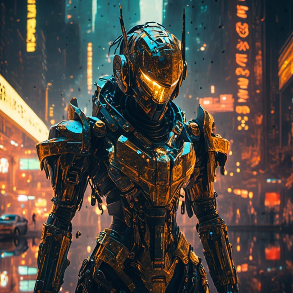 Cyberpunk Warrior in Post-Apocalyptic Battleground