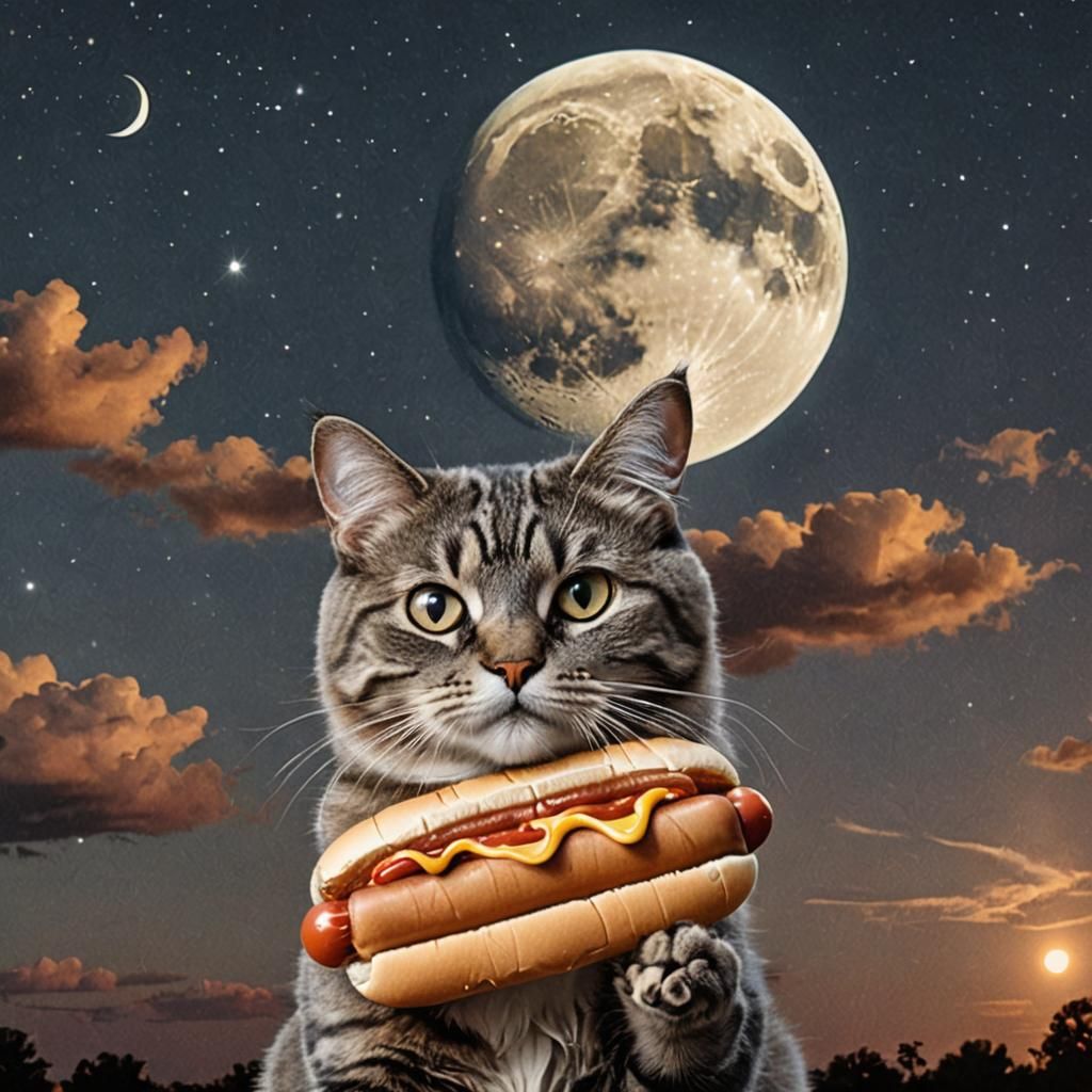 Meme Featuring Cat, Hot Dog, and Moon