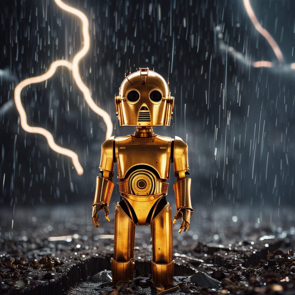 C3PO in Lightning Storm: Hyperrealistic Synthwave