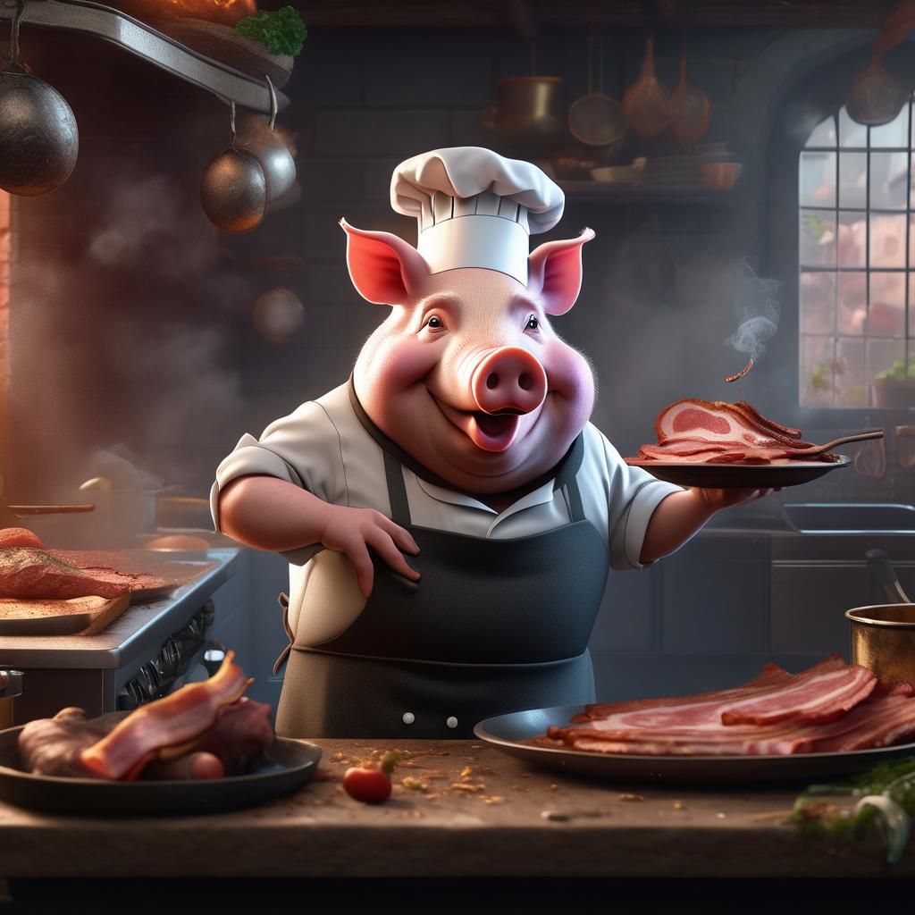 Chef Pig Makin' Bacon in Detailed Fantasy Art