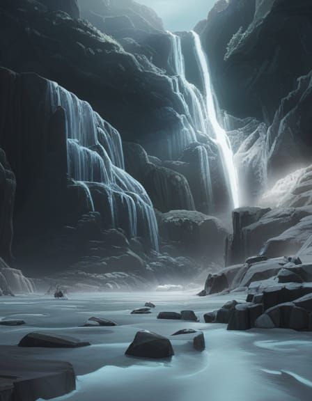 Spectacular Waterfall Cave Illuminated by Single Light