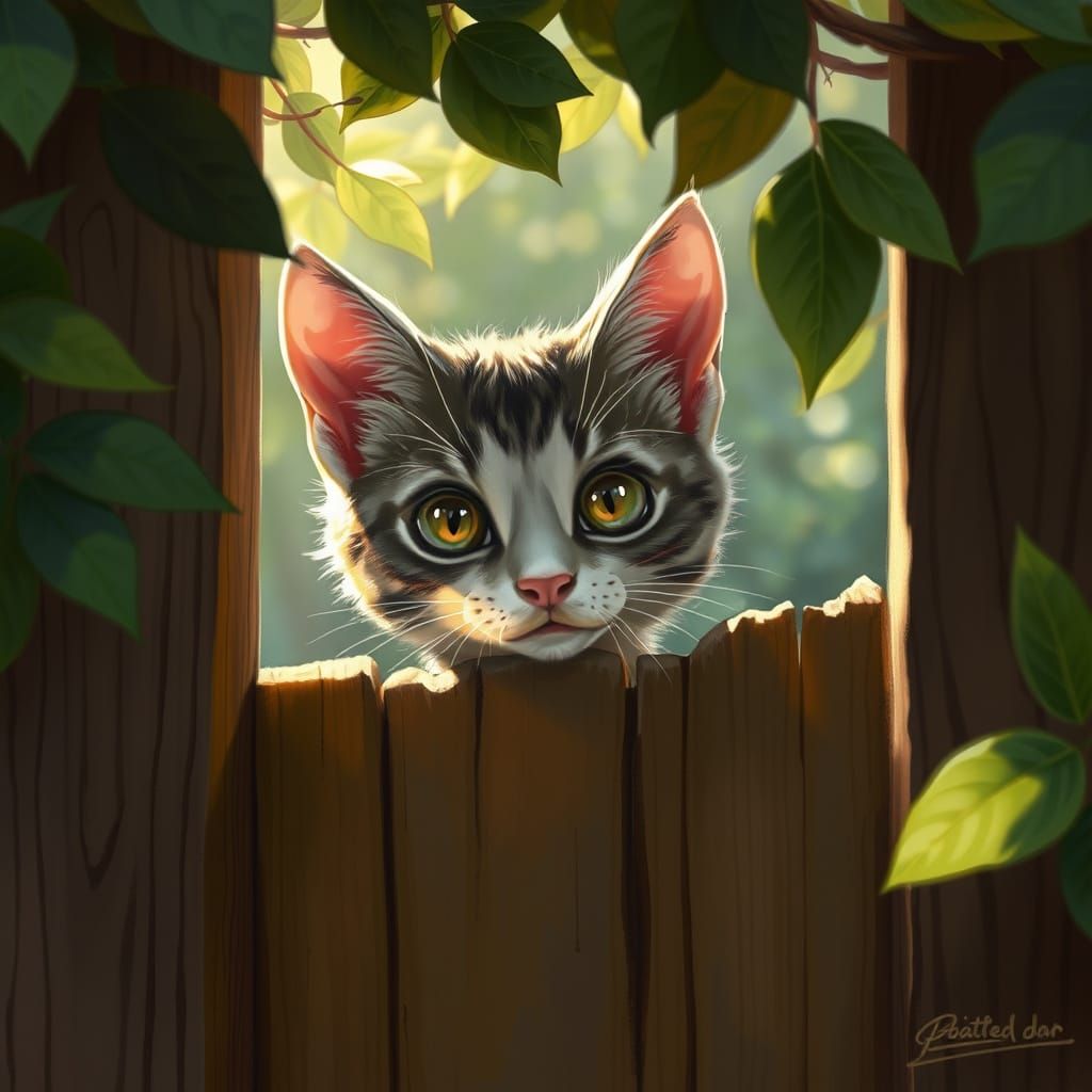 Curious Cat Peeking Through Fence in Fantasy Art Style