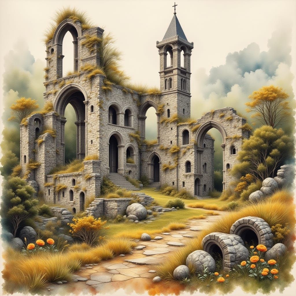 Llanthony Priory Ruins in Wales, Watercolor Painting