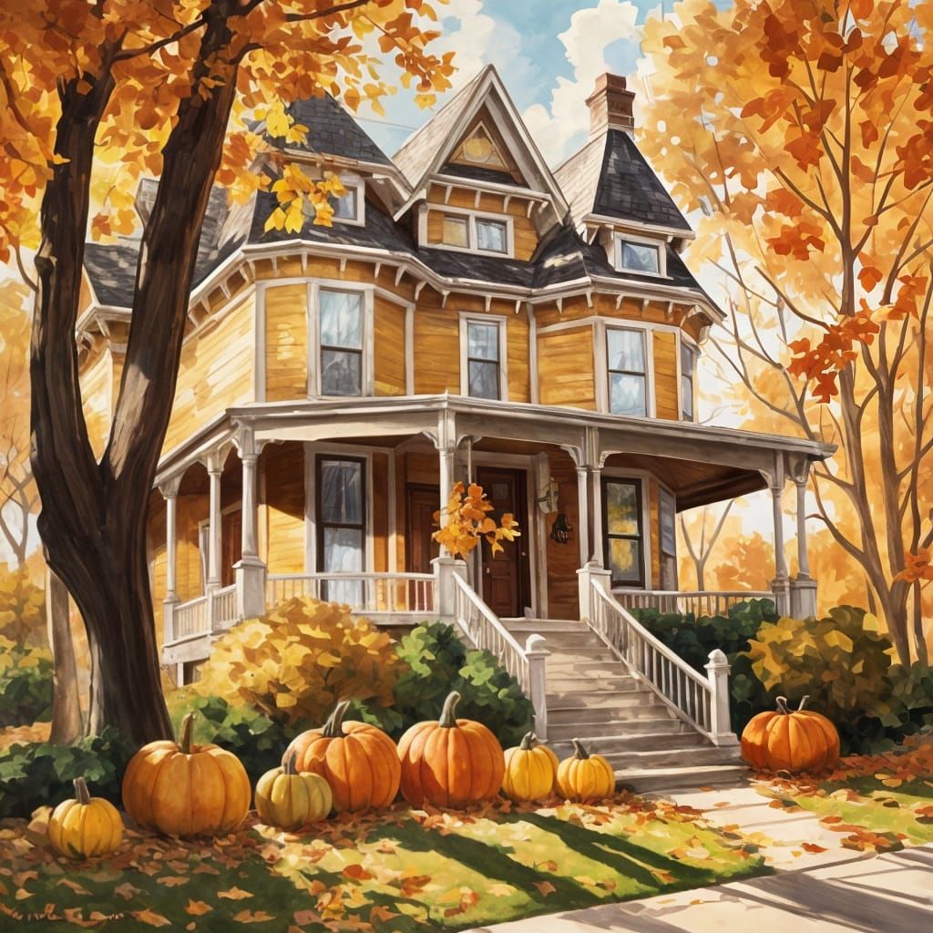 Victorian House in Autumn, Abstract Art Style