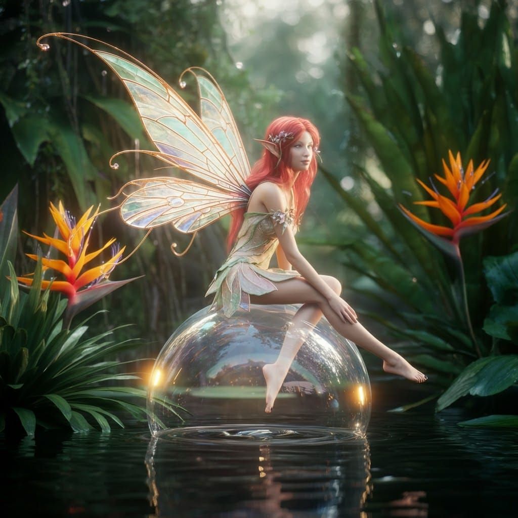 Ethereal Fairy with Stained Glass Wings on Bubble