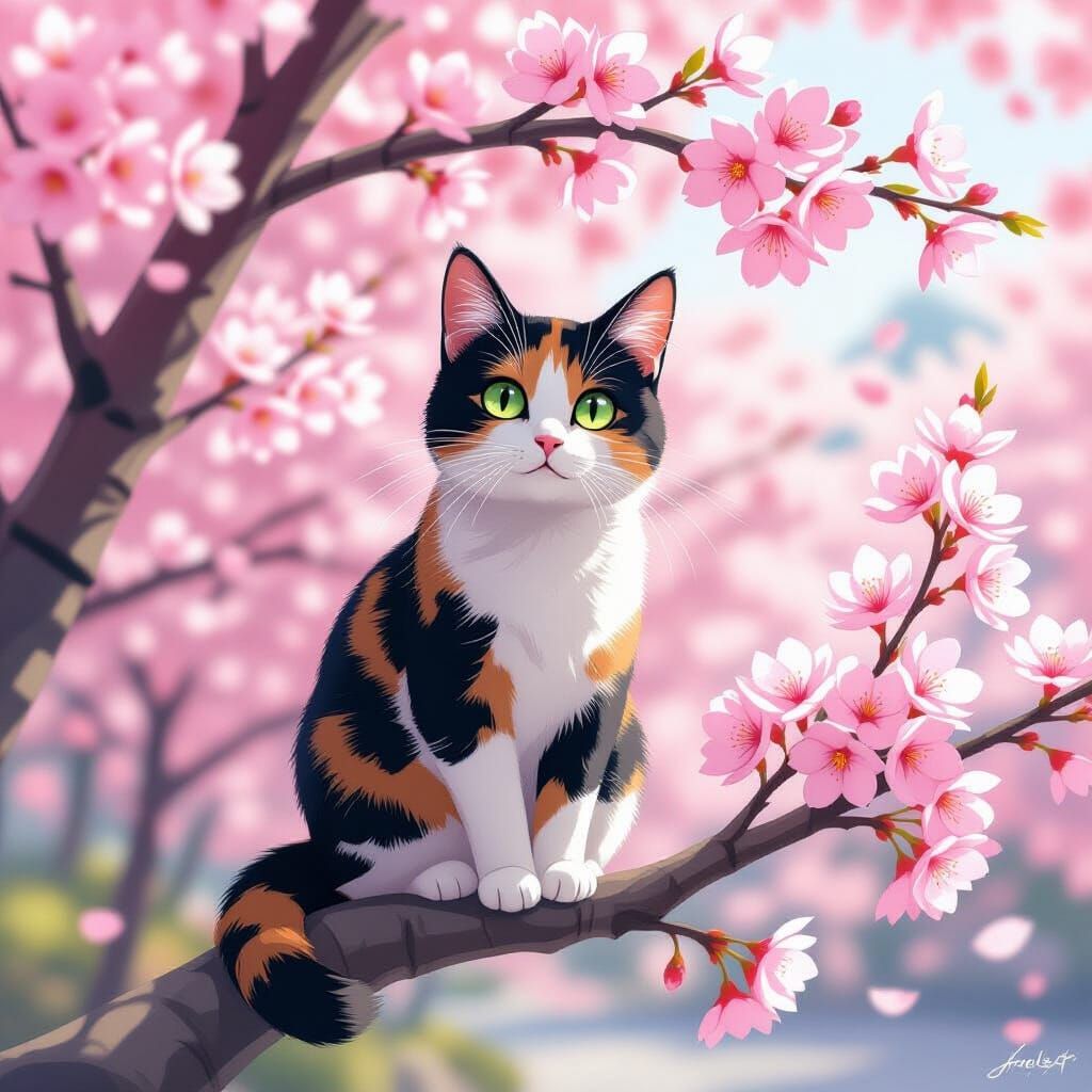 Calico Cat on Cherry Blossom Branch in Painterly Style