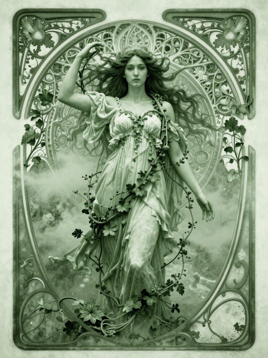 Mother Nature Portrait in Green with Art Nouveau Border