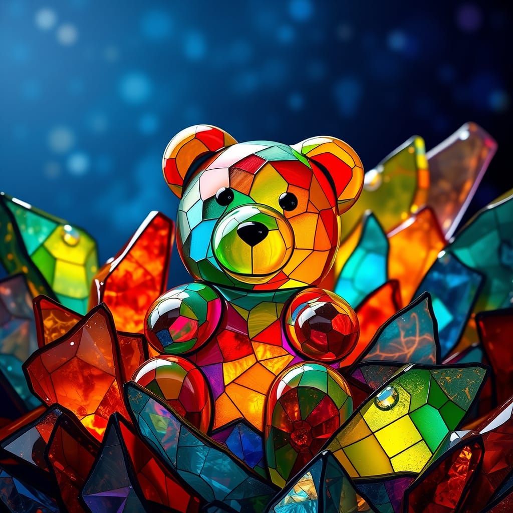Whimsical Gummy Bear in Dreamlike Stained Glass