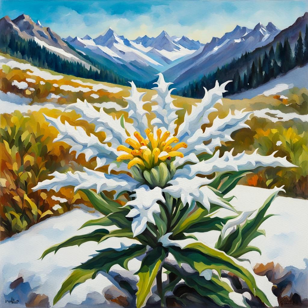 Edelweiss Flower in Snowy Alps: Impressionist Gouache Painti...