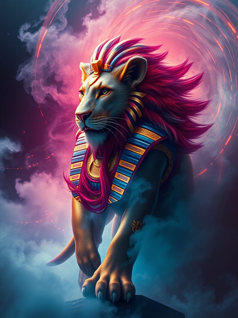 Egyptian Lioness Goddess in Synthwave Astral Mist